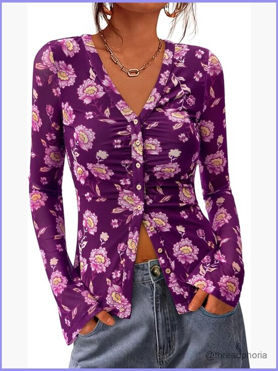 Tops - V-Neck Long Sleeve Floral Blouse Ruched Button Down Shirt Boho Top